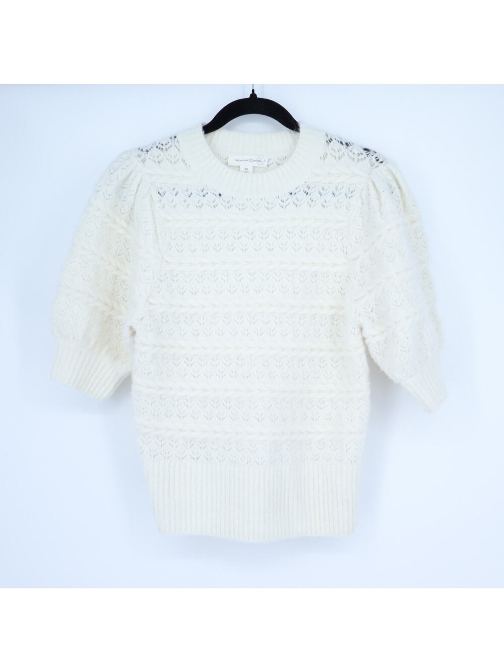 TREASURE & BOND Cable Knit Pullover Sweater Ivory Puff Sleeve Women's XS